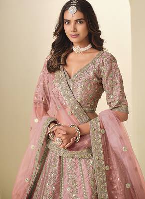 light pink embroidered art silk blend lehenga choli with dupatta 4