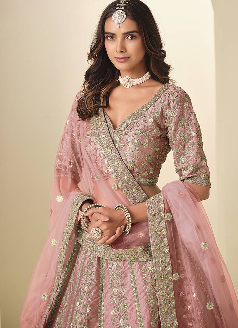 light pink embroidered art silk lehenga choli with dupatta
