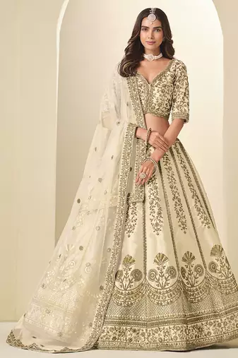 cream embroidered art silk lehenga choli with net dupatta