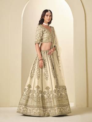 cream embroidered art silk blend lehenga choli with net dupatta 2