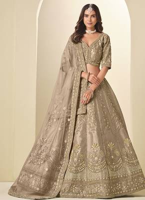 beige embroidered art silk blend lehenga choli with matching dupatta set 1