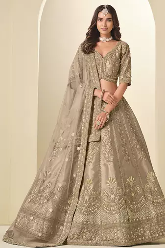 beige embroidered art silk lehenga choli with matching dupatta set