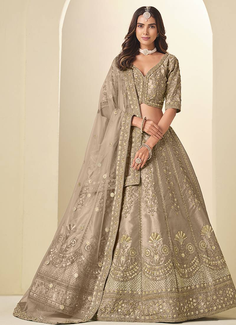 beige embroidered art silk lehenga choli with matching dupatta set