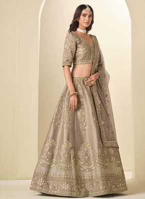 beige embroidered art silk blend lehenga choli with matching dupatta set 2