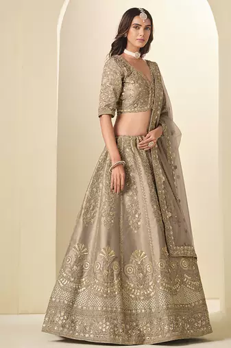 beige embroidered art silk blend lehenga choli with matching dupatta set