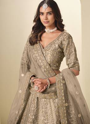 beige embroidered art silk blend lehenga choli with matching dupatta set 4