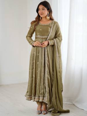 Marvelous Green Sequins Silk Function Wear Gown With Dupatta 1