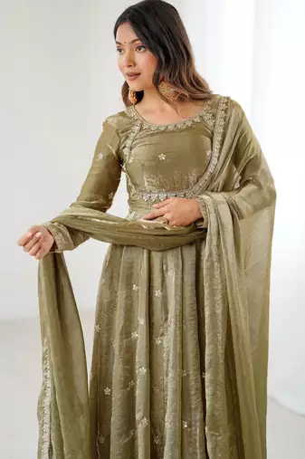 Marvelous Green Sequins Silk Function Wear Gown With Dupatta
