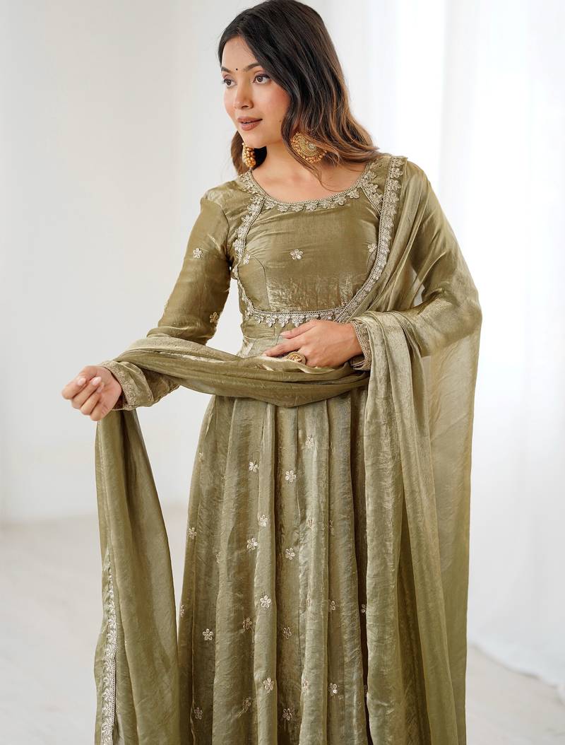 Marvelous Green Sequins Silk Function Wear Gown With Dupatta