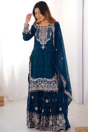 Mesmerizing Blue Embroidered Georgette Festival Wear Sharara Suit