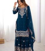 Mesmerizing Blue Embroidered Georgette Festival Wear Sharara Suit