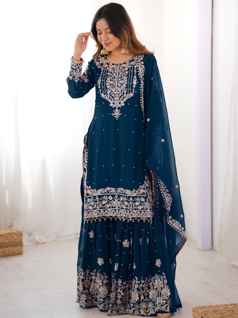 Mesmerizing Blue Embroidered Georgette Festival Wear Sharara Suit