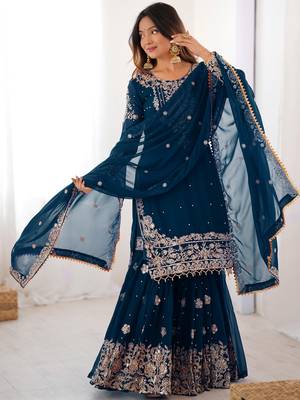 Mesmerizing Blue Embroidered Georgette Festival Wear Sharara Suit 2