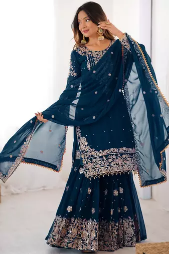 Mesmerizing Blue Embroidered Georgette Festival Wear Sharara Suit