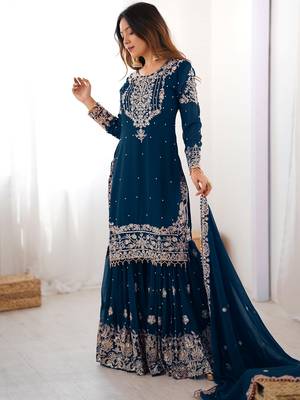 Mesmerizing Blue Embroidered Georgette Festival Wear Sharara Suit 3