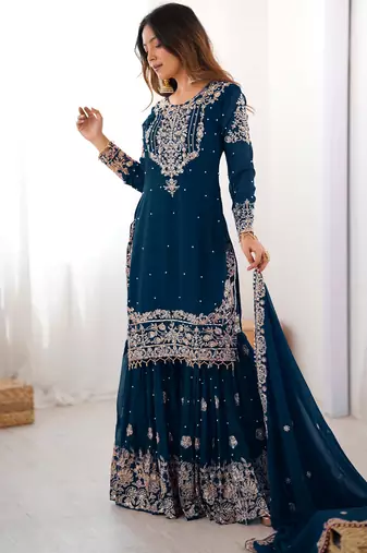 Mesmerizing Blue Embroidered Georgette Festival Wear Sharara Suit