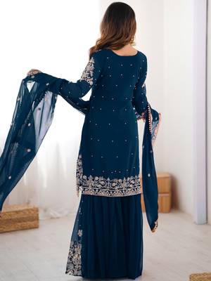 Mesmerizing Blue Embroidered Georgette Festival Wear Sharara Suit 4