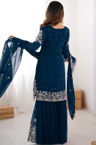 Mesmerizing Blue Embroidered Georgette Festival Wear Sharara Suit