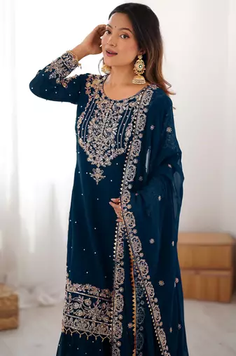 Mesmerizing Blue Embroidered Georgette Festival Wear Sharara Suit