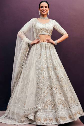 off white dori work net lehenga choli with embroidered dupatta set