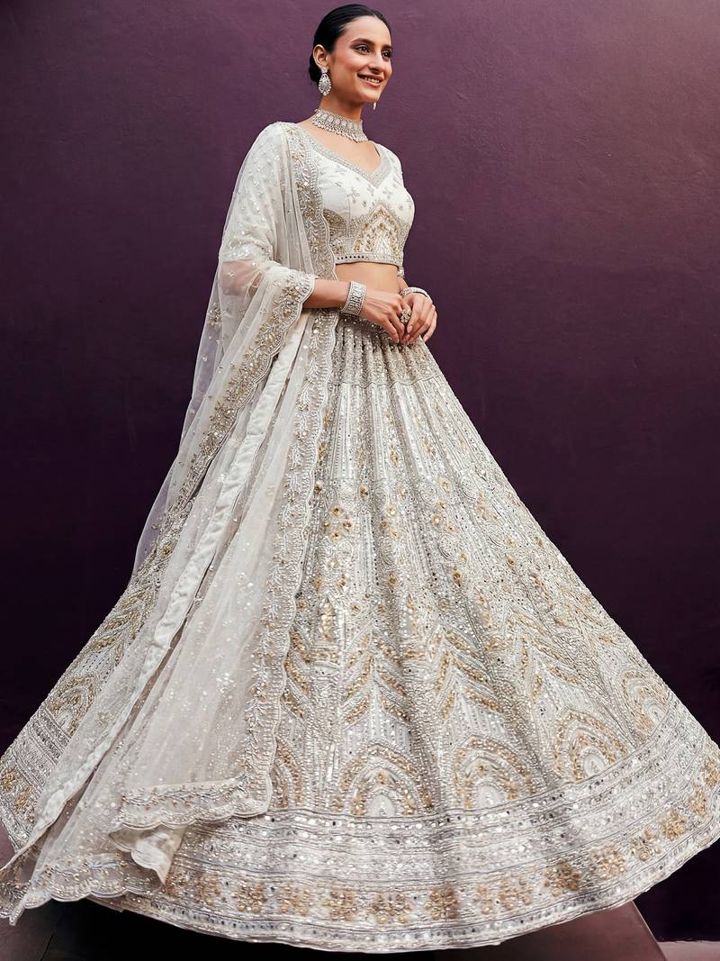 Amazing Off-White Dori Work Net Engagement Wear Lehenga Choli
