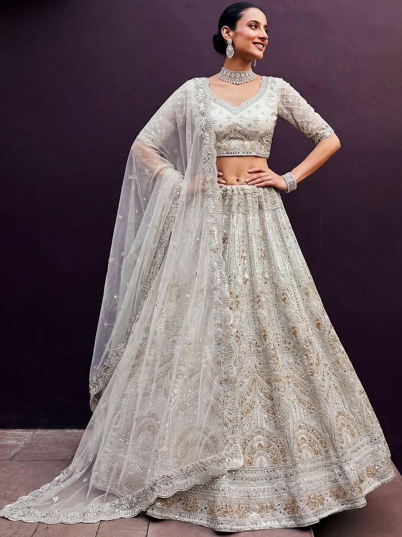 Amazing Off-White Dori Work Net Engagement Wear Lehenga Choli