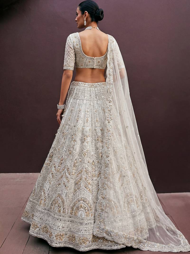 Amazing Off-White Dori Work Net Engagement Wear Lehenga Choli