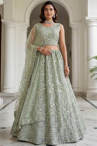 sea green embroidered net lehenga choli with sequins and dupatta