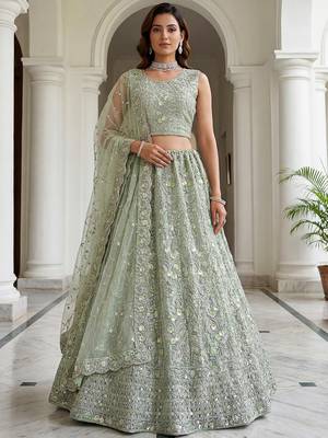 sea green embroidered net lehenga choli with sequins and dupatta 1