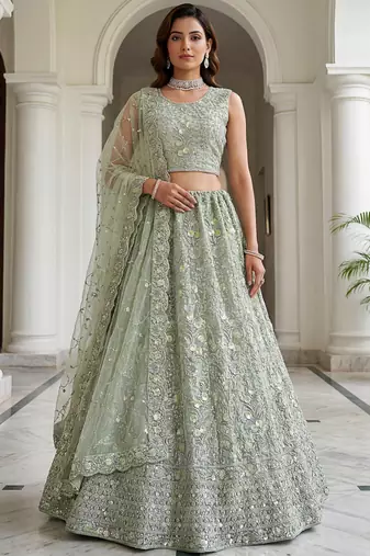 Beautiful Sea Green Embroidered Net Reception Wear Lehenga Choli