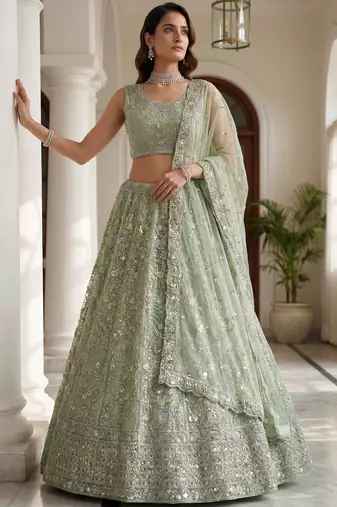 sea green embroidered net lehenga choli with sequins and dupatta