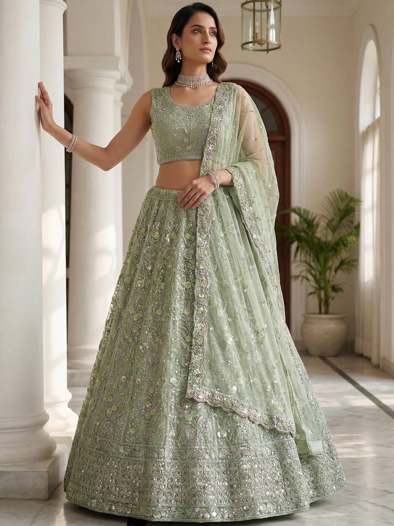 Beautiful Sea Green Embroidered Net Reception Wear Lehenga Choli