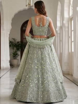sea green embroidered net lehenga choli with sequins and dupatta 3