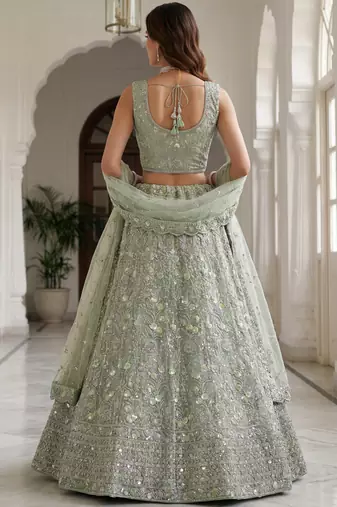 sea green embroidered net lehenga choli with sequins and dupatta