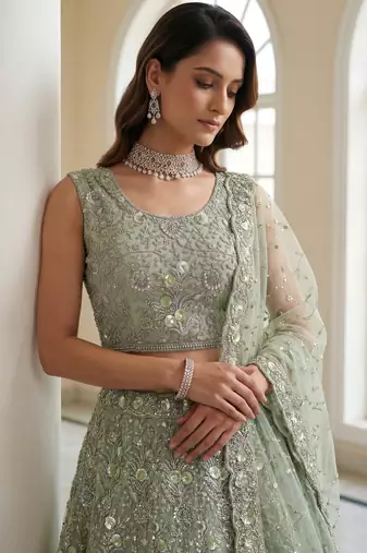 sea green embroidered net lehenga choli with sequins and dupatta