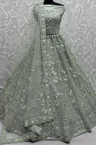 sea green embroidered net lehenga choli with sequins and dupatta