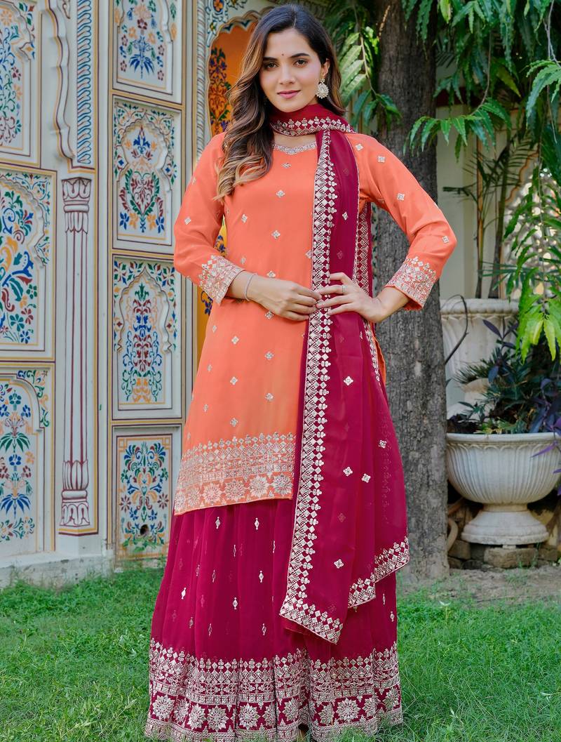 Dazzling Orange Embroidered Georgette Festival Wear Palazzo Suit