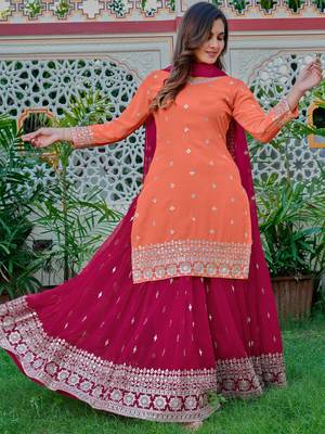 Dazzling Orange Embroidered Georgette Festival Wear Palazzo Suit 3