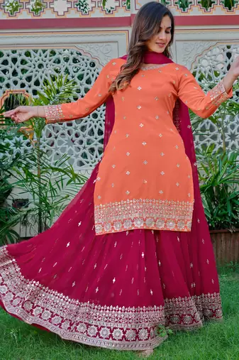 Dazzling Orange Embroidered Georgette Festival Wear Palazzo Suit