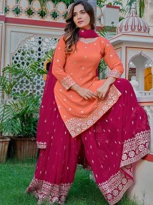 Dazzling Orange Embroidered Georgette Festival Wear Palazzo Suit 4