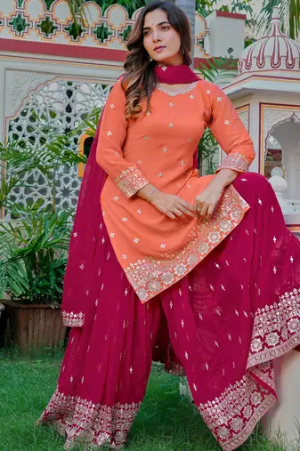 Dazzling Orange Embroidered Georgette Festival Wear Palazzo Suit