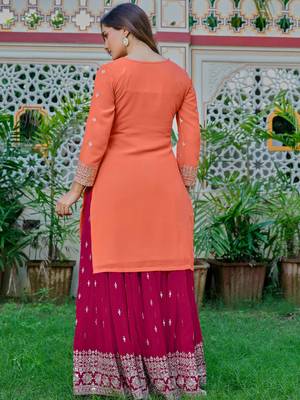 Dazzling Orange Embroidered Georgette Festival Wear Palazzo Suit 5