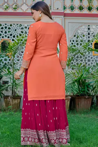 Dazzling Orange Embroidered Georgette Festival Wear Palazzo Suit