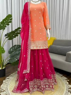 Dazzling Orange Embroidered Georgette Festival Wear Palazzo Suit 7