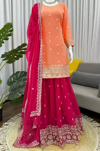 Dazzling Orange Embroidered Georgette Festival Wear Palazzo Suit