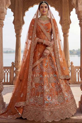 orange dori work silk bridal lehenga choli with double dupatta set