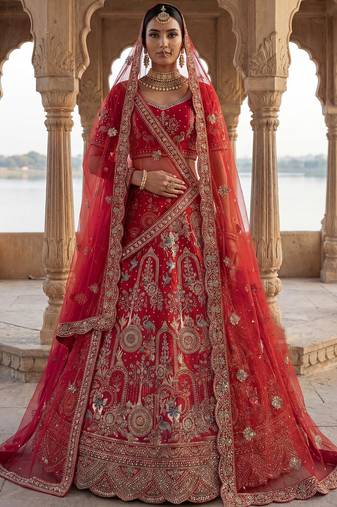 red silk bridal lehenga choli with double embroidered dupatta