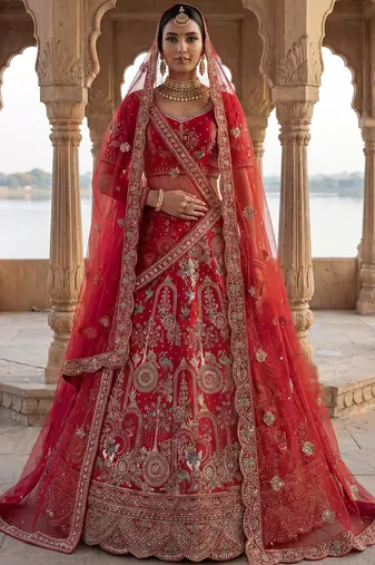 Awesome Red Embroidered Silk Bridal Lehenga Choli With Double Dupatta