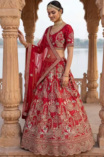 red silk bridal lehenga choli with double embroidered dupatta