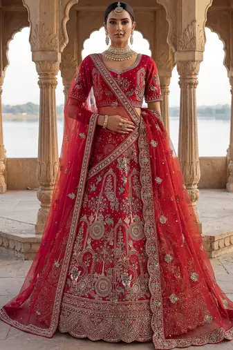 red silk bridal lehenga choli with double embroidered dupatta